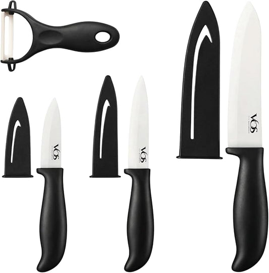 Vos Ceramic Knife Set with Peeler, Ceramic Knives Set For Kitchen, Ultra Sharp Kitchen Knife Set with Covers, 3" 4" 6" Paring, Utility & Chef Knife, Lightweight, Dishwasher safe (Black Handle)