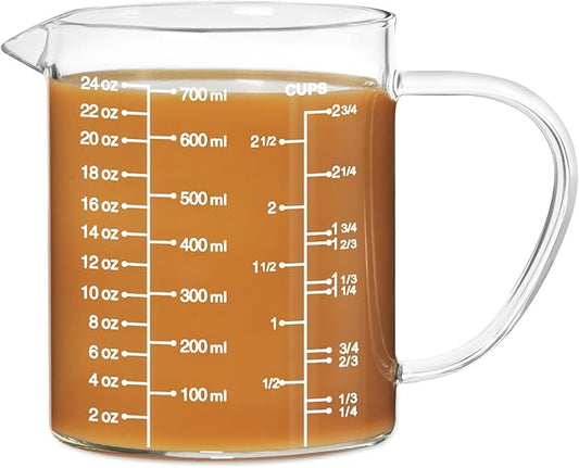 77L Glass Measuring Cup, Clear Liquid Measuring Cup with V-Shaped Spout and Three Scales, High Borosilicate Glass Beaker with Handle for Kitchen or Restaurant, 700 ML (0.7 Liter, 2 3/4 Cup) by 77L