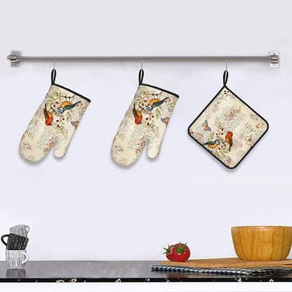 Vintage Bird Themed Hot Pads and Oven Mitts Set of 3,Heat Resistant Non Slip Cute Rustic Kitchen Mitts and Pot Holder Set & Baking Gloves for Cooking Baking Grilling BBQ,Bird Lover Gifts for Women