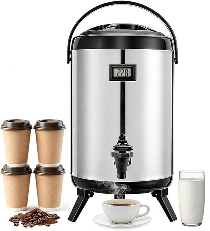 3.2 Gal/12L Non-Electric Insulated Beverage Dispenser, Stainless Steel Thermal Drink Server with Spigot & Temp Display, Hot & Cold Drink Dispenser for Cafes, Restaurants, Parties, Silver