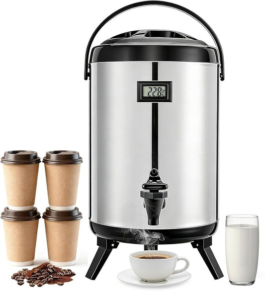 3.2 Gal/12L Non-Electric Insulated Beverage Dispenser, Stainless Steel Thermal Drink Server with Spigot & Temp Display, Hot & Cold Drink Dispenser for Cafes, Restaurants, Parties, Silver