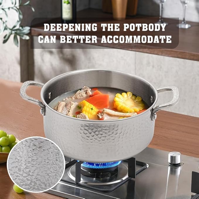Vivicreate Tri Ply Stainless Steel Stock Pot with Lid 5 Quart Hammered Stockpot Induction Cooking Pot Soup Pot Compatible with All Stovetops (5QT) - Image 4