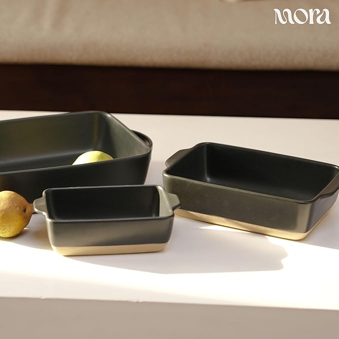 Mora Ceramic Set of 2 Baking Dishes For Casserole, Banana Bread, Brownies, Broiling, Roasting, and Baking. 7x11 in and Loaf Pans - Porcelain Serving Bakeware from Oven to Table. Freezer Safe - Liquorice - Image 7