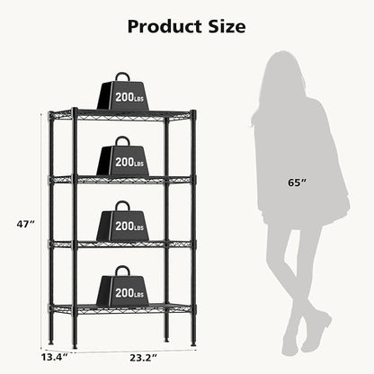 DUMOS 4-Tier Metal Wire Storage Shelves, Adjustable Standing Storage Rack Shelf, Heavy Duty Steel Shelving Unit Organizers for Kitchen Bathroom Pantry Garage, 23.2" W×13.4" D×47.1" H, Black