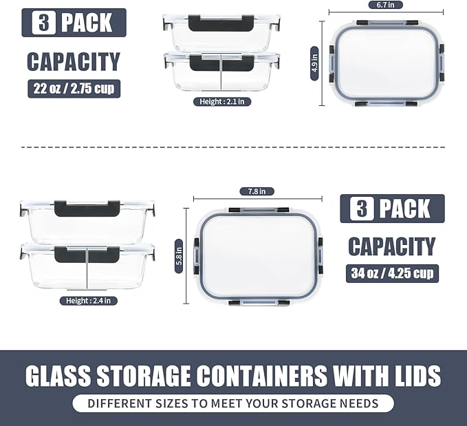 GULFLIN 6 Pack Glass Meal Prep Containers, Food Storage Containers, Airtight Bento Boxes with Leak Proof Lids, Freezer to Microwave Safe