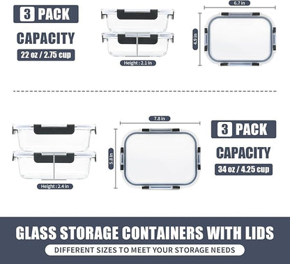 GULFLIN 6 Pack Glass Meal Prep Containers, Food Storage Containers, Airtight Bento Boxes with Leak Proof Lids, Freezer to Microwave Safe