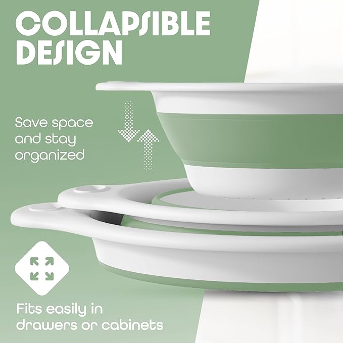 Gevoli Collapsible Colanders (3 Pack Set) Food Strainers with Over-Sink Water Draining Base for Pasta Fruits and Vegetables, White/Sage (3 Sizes, 3QT, 4QT and 5 Quart) - Image 5