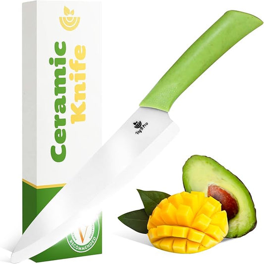 Durable Ceramic Knife for Chopping Vegetables & Fruits, 8” Non-Reactive and Professional Ceramic Chef Knife for Clean Cutting, Rust-Proof Sharp Blade with Ergonomic Handle, Gift-Ready Kitchen Knives