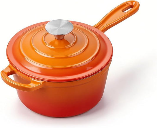Homikit Small Cast Iron Pot, 2 QT Enameled Cast Iron Sauce Pan with Lid, Heavy Duty Enamel Dutch Oven Kitchen Cookware for Making Pasta, Boiling Soup, Warming Milk, Nonstick & Oven Safe, Flame Orange