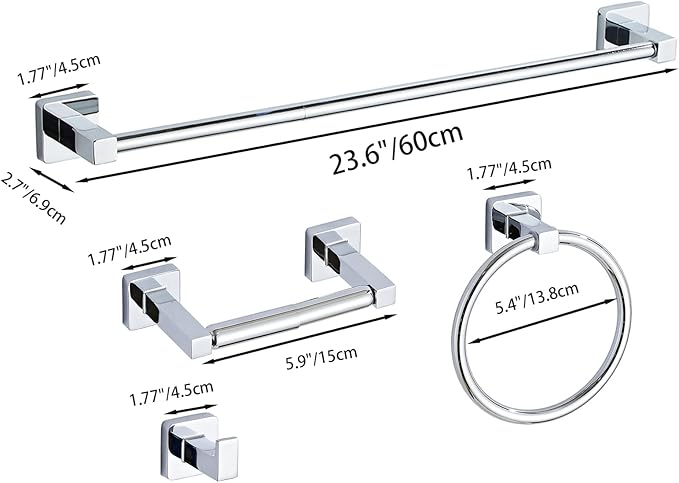 Chrome Bathroom Hardware Set 4 Pieces,Bathroom Accessories Set Stainless Steel Wall Mounted, Hand Towel Bar, Towel Ring, Robe Towel Hooks,Toilet Paper Holder,Towel Bar Set, 23.6 Inch - Image 7