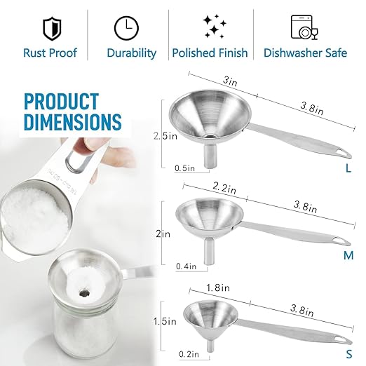 Small Funnels for Filling Bottles, 3 Pcs Stainless Steel Kitchen Funnel Set, Food Grade Mini Metal Funnel for Transferring Oil Liquid, Easy Cleaning with a Brush (Long Handle) - Image 7