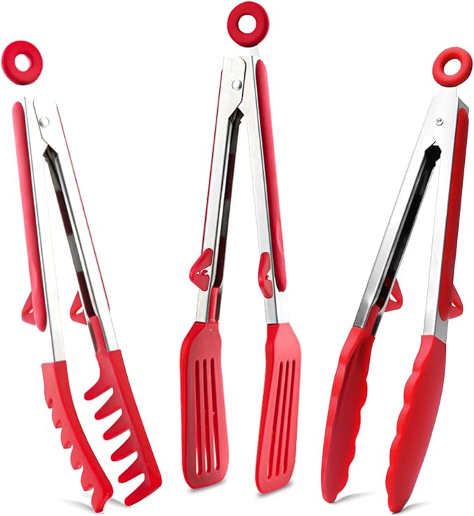Kitchen Tongs, 9 Inch Tongs for Cooking with Silicone Tips, Food Grade Mini Serving Tong for Nonstick Pans, BBQ, Salad, Set of 3, Red by TOWINGO
