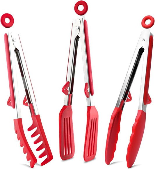 Kitchen Tongs, 9 Inch Tongs for Cooking with Silicone Tips, Food Grade Mini Serving Tong for Nonstick Pans, BBQ, Salad, Set of 3, Red by TOWINGO