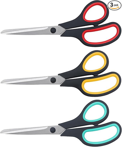 Scissors 8.5 Inch all purpose Bulk Set of 3, Scissors for Office Home School Craft Supplies, Soft Comfort-Grip Right/Left Hand, Black