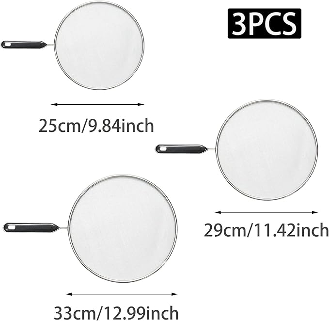 3 Pcs Splatter Screen for Frying Pan with Silicone Handle (9.8", 11.4", 13"), Stainless Steel Grease Splatter Guard for Kitchen Frying Pan Cooking to Prevent Oil Splatters - Image 2