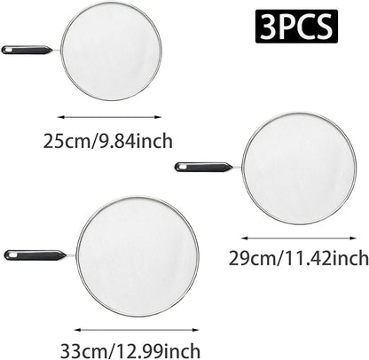 3 Pcs Splatter Screen for Frying Pan with Silicone Handle (9.8", 11.4", 13"), Stainless Steel Grease Splatter Guard for Kitchen Frying Pan Cooking to Prevent Oil Splatters - Image 2