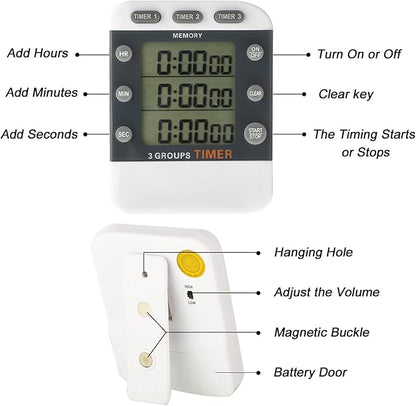 Photect 2 Pcs Digital Kitchen Timer 3 Channels Multi Timer Loud Adjustable Alarm Magnetic Count up Down Memory Preset Battery Included for Cooking Baking BBQ Study Classroom - Image 3