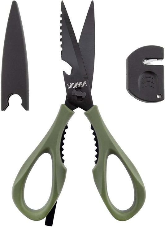 Kitchen Scissors All Purpose, Extra Sharp Kitchen Shears with Knife Sharpener & Sheath, Solid & Durable Stainless Steel Scissors with ANTI-RUST Black Titanium Plated, Dishwasher Safe - Green