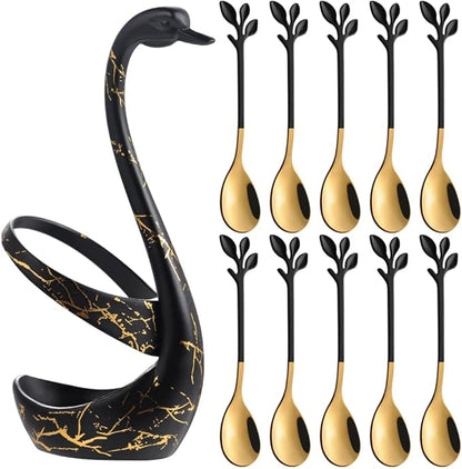AnSaw Small Coffee Spoon Holder Set,Black Swan Base With 10 Pcs Black & Gold Demitasse Espresso Spoons Set,4.7" Mini Leaf Dessert Spoon,Stainless Steel Tea Spoons by AnSaw