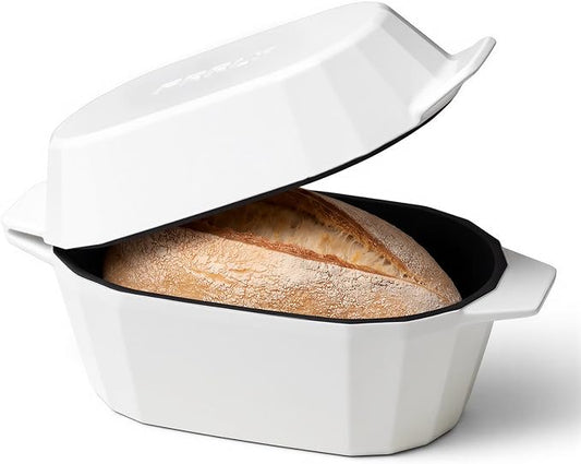 Enameled Cast Iron Sourdough Bread Oven – Dutch Oven for Sourdough, Oval Cast Iron Bread Pan with Lid，Loaf Cast Iron Dutch Oven for Baking (3.3QT-White）