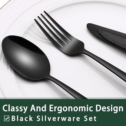 EWFEN 24-Piece Black Silverware Set with Steak Knives, Black Flatware Set for 4, Food-Grade Stainless Steel Tableware Cutlery Set, Mirror Finished Utensil Sets for Home Restaurant, Heavy Duty - Image 3
