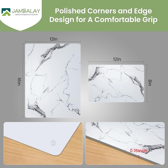 JAMBALAY Tempered Glass Cutting Boards for Kitchen, White 12"x8" & 16"x12" Glass Cutting Board Set with Marble Design, With Non Slip Foot, Shatter and Heat Resistant, Dishwasher Safe