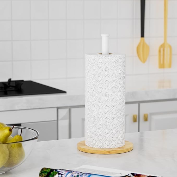 Wooden Paper Towel Holder Countertop, White,Non-Slip Base, Stainless Steel, FreeStanding, Easy Install, Durable, Ideal for Home,RV,Bathroom,Farmhouse Essentials Decor Accessories