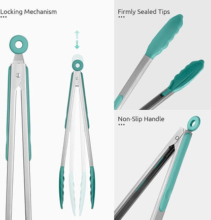 600ºF Heat Resistant Kitchen Tongs: U-Taste 12 in Large Silicone Cooking Tong with Sturdy Non Stick Rubber Tips & Silicon Coated 18/8 Stainless Steel Handle & Smooth Locking for Serving Grill-Aqua Sky - Image 6