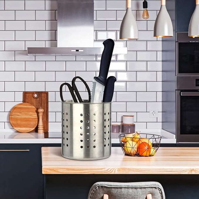 Saiveina Stainless Steel Utensil Holder Kitchen Holder Restaurant Cooking Utensil Holder for Forks Spatula, 5.3'' x 5.1" Round Utensil Organizer - Image 7