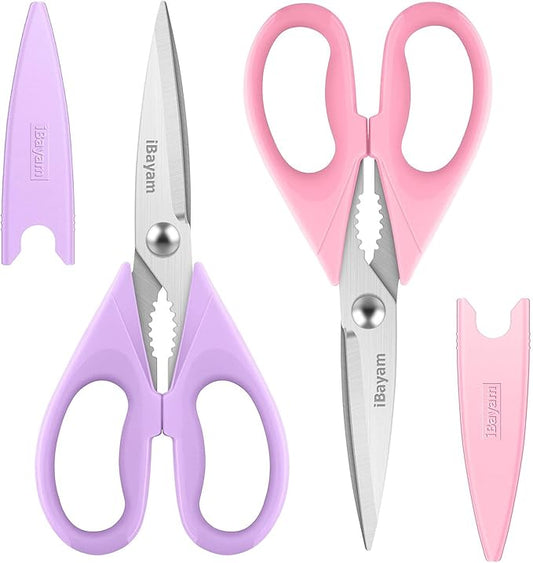 iBayam Kitchen Scissors, Purple Kitchen Utensils Accessories, All Purpose Heavy Duty Meat Scissors, Poultry Shears, Dishwasher Safe, Stainless Steel, 2-Pack, Pastel Pink, Soft Purple by iBayamDirect