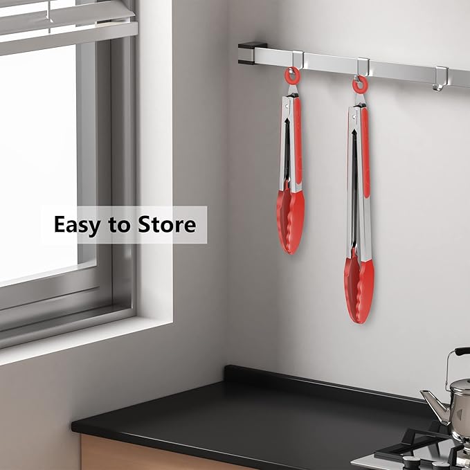 2 Pack Silicone Kitchen Tongs – 9" & 12" Set, Heat Resistant up to 500°F, Non‑Stick Cookware Safe, Wavy Silicone Tips, BPA Free, Locking Clip & Hanging Loop, Red - Image 6