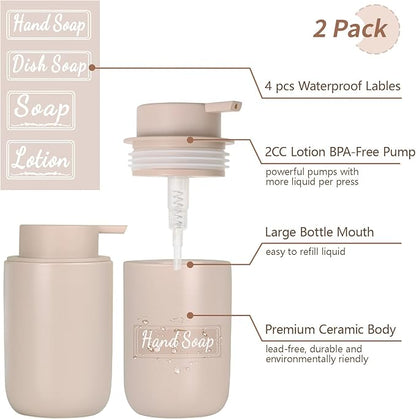BosilunLife Khaki Soap Dispenser Set - 2 Pack 12oz Ceramic Dish Soap Dispenser with Rust Proof Pump for Kitchen, Hand Soap and Lotion Set Suitable for Farmhouse Bathroom Decor with Waterproof Labels