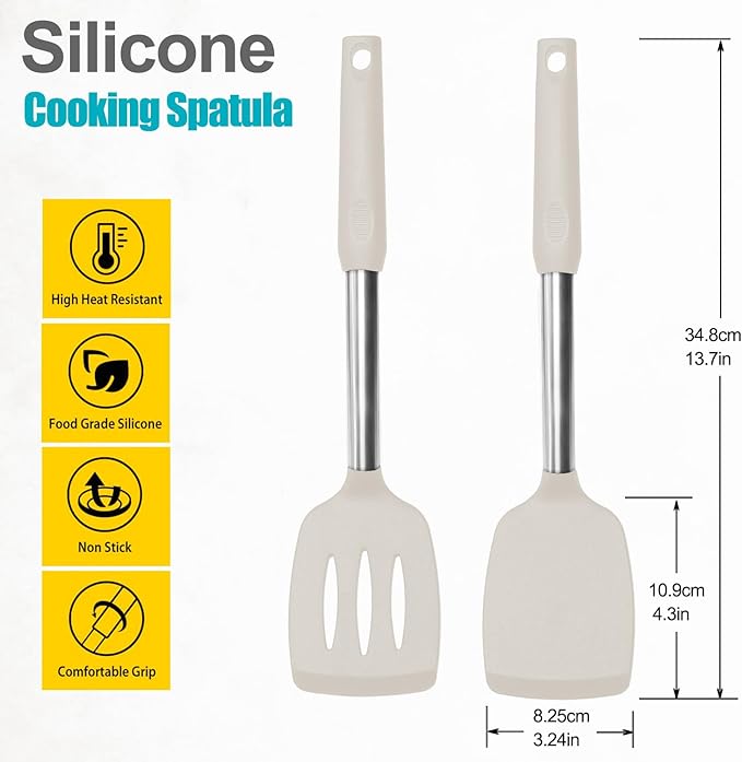 2 Pack Spatulas, Solid & Slotted Silicone Spatula Set, Stainless Steel Handle Coated with Silicone, Non Stick Turners, Heat Resistant Rubber Spatulas for Fish, Eggs, Pancakes, Khaki - Image 2