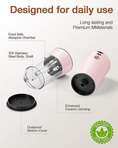Gravity Electric Salt and Pepper Grinder Set 2-Pack, USB-C Rechargeable with LED Light, Automatic Stainless Steel Mills for Kitchen, BBQ, Dining Table & Gifts - Petal Pink