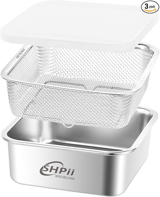 Square Colander Set, 304 Stainless Steel with PE Lid, Storage Container, Tofu Drainer, Back of House Preparation, Washing and Drainage Tools, Refrigerator Storage, Picnic Party (2000ML)