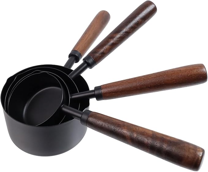 Set of 4 Measuring Cups and Spoons Black Measuring Cups with Wooden Handle Stainless Steel Measuring Spoons and Scoops Set for Kitchen Flour Spice Seasoning Measurement (1+1/2+1/3+1/4 Cup) - Image 4