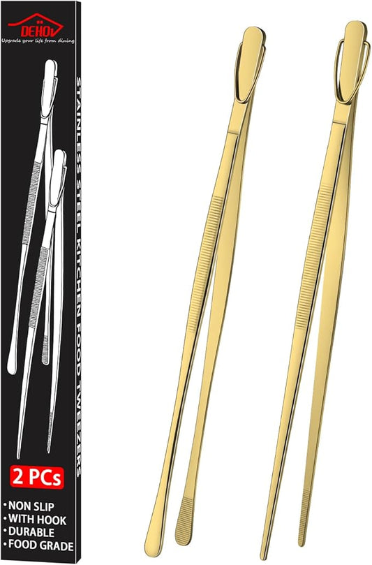 DEHOV 12 Inch Gold Stainless Steel Kitchen Tweezers For Cooking Tongs Set of 2, Metal Long Food Tweezers, BBQ Grill Tongs For Pasta