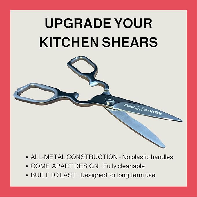 Heavy Duty Kitchen Scissors for Food — All Purpose Cooking Scissors, All Stainless Steel, No Plastic, Come-Apart Blades for Easy Cleaning, Dishwasher Safe, 5-in-1 Multi-Tool