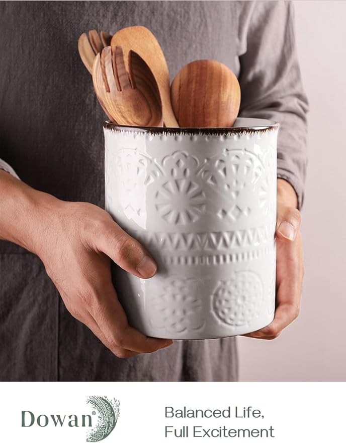 DOWAN 7.2" Kitchen Utensil Holder, Extra Large Farmhouse Utensil Holders for Countertop, Ceramic Utensil Crock, Anti Slip Cork Bottom - Image 2