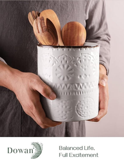 DOWAN 7.2" Kitchen Utensil Holder, Extra Large Farmhouse Utensil Holders for Countertop, Ceramic Utensil Crock, Anti Slip Cork Bottom - Image 2