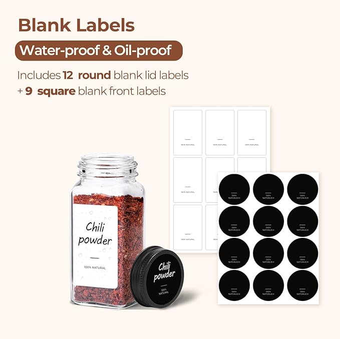 ComSaf 6Pcs 4oz Glass Spice Jars with Shaker Lids, 21 Labels, Spice Jars Trial Set & Supplement Set, Empty Spice Containers and Square Spice Bottles for Kitchen and Seasoning - Image 2