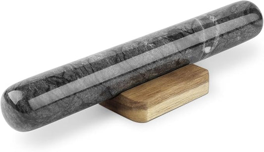 Flexzion French Rolling Pin, 12 Inch Black Marble Rolling Pins for Baking with Wooden Base Holder Stand - Non-Stick Baking Roller for Baking Fondant, Crust, Pastry, Cookies, Pizza, Pasta