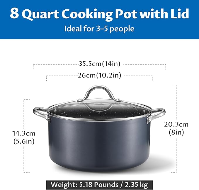 BEZIA 8 Quart Cooking Pot, Large Non Stick Induction Stock Pots with Lid, All Stove Compatible, 8 QT Aluminum Soup/Stew Pot For Families of 3–5, Grey - Image 2