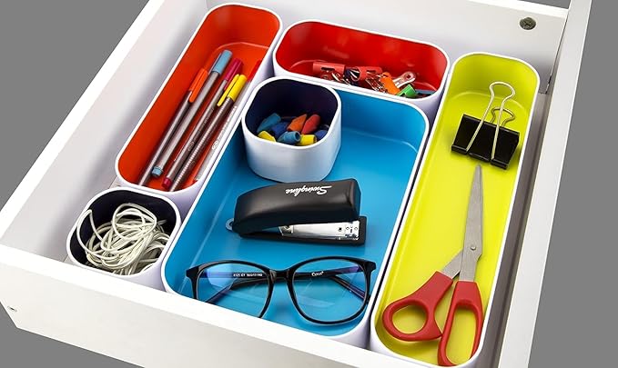 Three by Three Seattle 5 Piece Metal Organizer Tray Set for Storing Makeup, Stationery, Utensils, and More in Office Desk, Kitchen and Bathroom Drawers (2 Inch, Assorted Colors) - Image 4