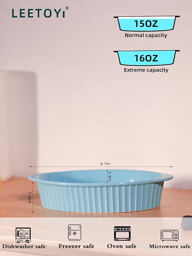 LEETOYI Porcelain Small Oval Au Gratin Pans, Baking Dish Set for 1 or 2 person servings, Bakeware with Double Handle for Kitchen and Home, Set of 2 (Turquoise) - Image 6
