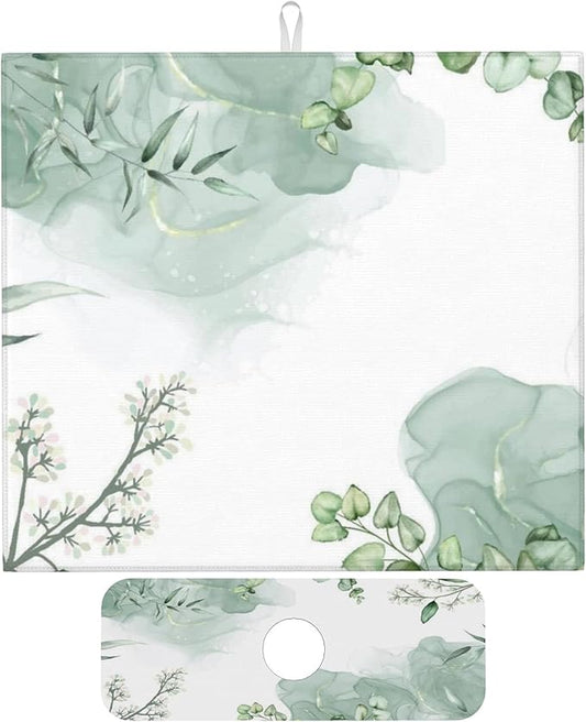 Watercolor Green Leaf Floral Dish Drying Mat for Kitchen Counter, 16"x18" Microfiber Absorbent Fast Dry Mat, 2Pcs Dish Mat Faucet Mats Sets, Large Drying Kitchen Mat Kitchen Drying Pad