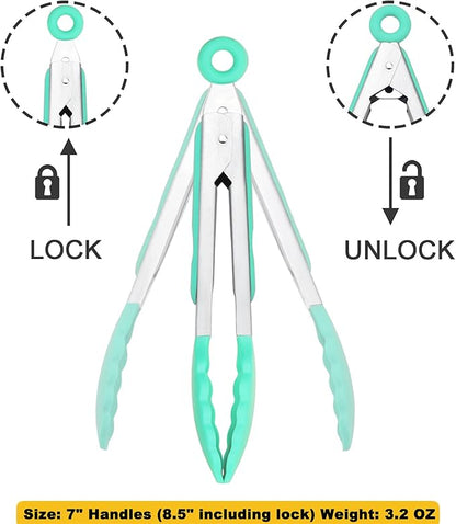 HINMAY Mini Tongs with Silicone Tips 7 Inches Silicone Cooking Tongs, Set of 3 (Mint) - Image 3