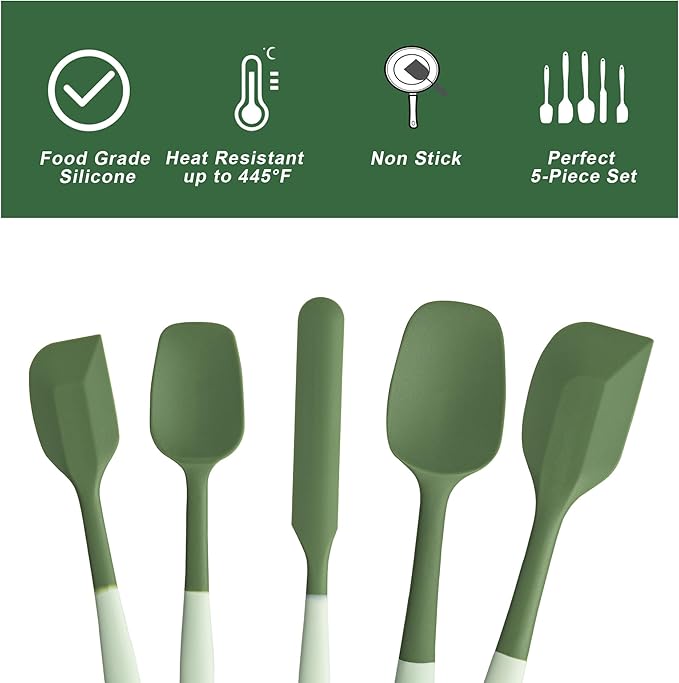 Silicone Spatula Set, 5 Piece Food Grade Rubber Spatulas for Baking, Cooking, and Mixing High Heat Resistant Non Stick Dishwasher Safe BPA-Free (Two colors - Green) - Image 3