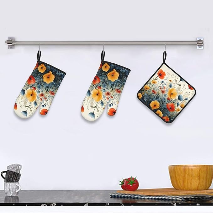 Colorful Wildflower Oven Mitts and Pot Holders Set of 3,Heat Resistant Non Slip Blue and Orange Floral Kitchen Gloves Hot Pads for BBQ Grilling,Chef Cooking Baking Gifts for Women Bakers