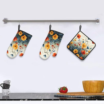 Colorful Wildflower Oven Mitts and Pot Holders Set of 3,Heat Resistant Non Slip Blue and Orange Floral Kitchen Gloves Hot Pads for BBQ Grilling,Chef Cooking Baking Gifts for Women Bakers